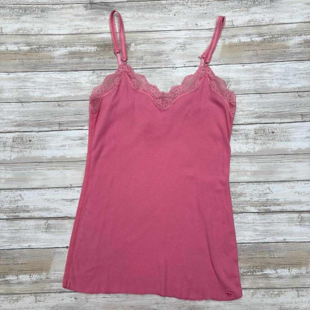 Y2K Abercrombie & Fitch Lace Tank Top Camisole Sz M Pink Stretch Ribbed Coquette